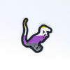NerdyKeppie's Non-Binary BONEYARD Velociraptor Embroidered Pride Patch are shaped like their namesake and stitched on black duck cloth!