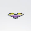 NerdyKeppie's Non-Binary Bat Embroidered Pride Patch are shaped like their namesake and stitched on black duck cloth!