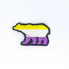 NerdyKeppie's Non-Binary Bear Embroidered Pride Patch are shaped like their namesake and stitched on black duck cloth!