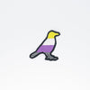 NerdyKeppie's Non-Binary Crow Embroidered Pride Patch are shaped like their namesake and stitched on black duck cloth!