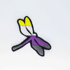 NerdyKeppie's Non-Binary Dragonfly Embroidered Pride Patch are shaped like their namesake and stitched on black duck cloth!