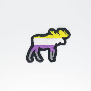 NerdyKeppie's Non-Binary Moose Embroidered Pride Patch are shaped like their namesake and stitched on black duck cloth!