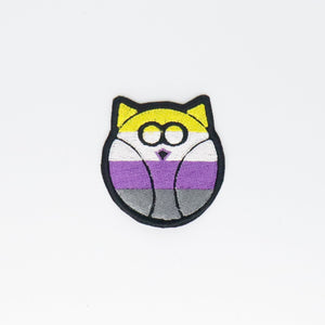 NerdyKeppie's Non-Binary Owl Embroidered Pride Patch are shaped like their namesake and stitched on black duck cloth!