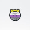 NerdyKeppie's Non-Binary Owl Embroidered Pride Patch are shaped like their namesake and stitched on black duck cloth!