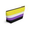NerdyKeppie Non-Binary Pride Flag Zipper Pouch with T-Bottom. A zippered accessory/makeup bag featuring a t-bottom and a non-binary flag pattern. This non-binary pride zipper pouch is fully lined and comes in two sizes.