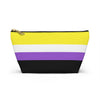 NerdyKeppie Non-Binary Pride Flag Zipper Pouch with T-Bottom. A zippered accessory/makeup bag featuring a t-bottom and a non-binary flag pattern. This non-binary pride zipper pouch is fully lined and comes in two sizes.