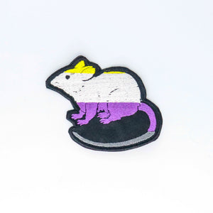NerdyKeppie's Non-Binary Rat Embroidered Pride Patch are shaped like their namesake and stitched on black duck cloth!