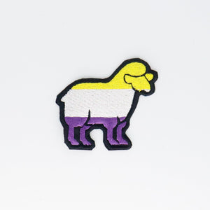 NerdyKeppie's Non-Binary Sheep Embroidered Pride Patch are shaped like their namesake and stitched on black duck cloth!
