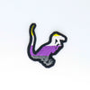 NerdyKeppie's Non-Binary Velociraptor Embroidered Pride Patch are shaped like their namesake and stitched on black duck cloth!