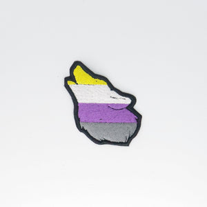 NerdyKeppie's Non-Binary Wolf Embroidered Pride Patch are shaped like their namesake and stitched on black duck cloth!