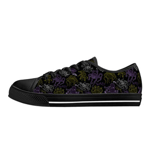 NerdyKeppie Octopus Consortium Canvas Low Top Non-Binary Pride Sneakers. A canvas low top sneaker with an Octopus Consortium design on it in non-binary pride colors. These low top nonbinary pride sneakers go up to US Men’s 14!