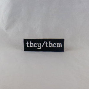 NerdyKeppie's Old English Font Embroidered Pronoun Patch are stitched on sturdy rectangular duck cloth and backed with vinyl fuse.