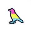 NerdyKeppie's Pan BONEYARD Crow Embroidered Pride Patch are shaped like their namesake and stitched on black duck cloth!