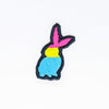 NerdyKeppie's Pan BONEYARD Rabbit Embroidered Pride Patch are shaped like their namesake and stitched on black duck cloth!