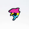 NerdyKeppie's Pan BONEYARD Shark Embroidered Pride Patch are shaped like their namesake and stitched on black duck cloth!