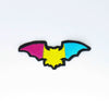 NerdyKeppie's Pan Bat Embroidered Pride Patch are shaped like their namesake and stitched on black duck cloth!