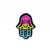 NerdyKeppie's Pan Hamsa Embroidered Pride Patch are stitched on black duck cloth and backed by sturdy vinyl fuse.