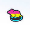 NerdyKeppie's Pan Rat Embroidered Pride Patch are shaped like their namesake and stitched on black duck cloth!