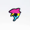 NerdyKeppie's Pan Shark Embroidered Pride Patch are shaped like their namesake and stitched on black duck cloth!