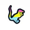 NerdyKeppie's Pan Velociraptor Embroidered Pride Patch are shaped like their namesake and stitched on black duck cloth!