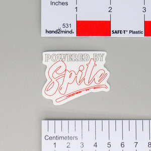 NerdyKeppie "Powered By Spite" Sticker. A NerdyKeppie matte sticker reading Powered By Spite. This sticker ships from Portland, Oregon.