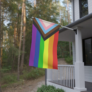 NerdyKeppie Progress Pride Flag (Indoor/Outdoor). A Progress Pride flag made from durable, weather-resistant poly canvas: this Pride celebration flag makes a great home decoration or casual cape!