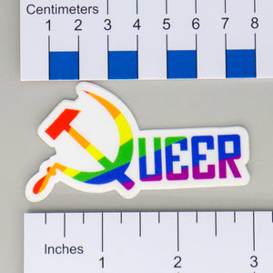 NerdyKeppie "Queer" Hammer and Sickle Stickers. Our NerdyKeppie queer hammer and sickle stickers feature a rainbow gradient and feature the word Queer with the Q replaced by the hammer and sickle. These queer hammer and sickle stickers ship from Portland, Oregon.