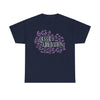 NerdyKeppie "Queer Liberation" - Lauren Denitzio Tee Shirt (PostNormCore Exclusive). A tee shirt designed by Lauren Denitzio, with the phrase "QUEER LIBERATION" across the chest, surrounded by small lavender flowers. Profits from this tee shirt benefit Jake's gender-affirming surgeries.