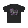 NerdyKeppie "Queer Liberation" - Lauren Denitzio Tee Shirt (PostNormCore Exclusive). A tee shirt designed by Lauren Denitzio, with the phrase "QUEER LIBERATION" across the chest, surrounded by small lavender flowers. Profits from this tee shirt benefit Jake's gender-affirming surgeries.