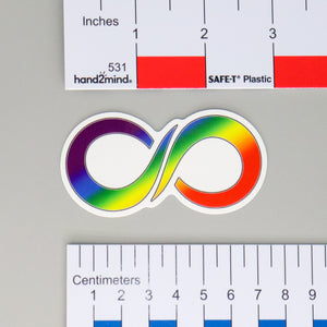 NerdyKeppie Autism & Neurodiversity Pride Infinity Sticker. A NerdyKeppie matte sticker with an infinity symbol in rainbow or trans pride gradients. This gay pride sticker ships from Portland, Oregon.