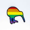 NerdyKeppie's Rainbow BONEYARD Kiwi Embroidered Pride Patch are shaped like their namesake and stitched on black duck cloth!