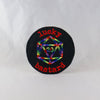 NerdyKeppie's Rainbow BONEYARD "Lucky Bastard" With D20 Embroidered Patch are stitched on black duck cloth and backed by sturdy vinyl fuse.