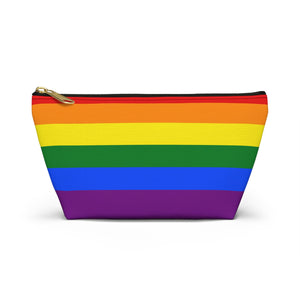 NerdyKeppie Rainbow Gay Flag Pride Zipper Pouch with T-Bottom. A zippered accessory/makeup bag featuring a t-bottom and a rainbow flag pattern. This gay pride zipper pouch is fully lined and comes in two sizes.