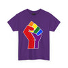 NerdyKeppie Raised Fist Cotton Rainbow Gay Pride Tee Shirt. A unisex cotton tee shirt with a Raised Fist design on it in rainbow pride colors. This gay pride tee shirt has a classic fit.