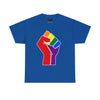 NerdyKeppie Raised Fist Cotton Rainbow Gay Pride Tee Shirt. A unisex cotton tee shirt with a Raised Fist design on it in rainbow pride colors. This gay pride tee shirt has a classic fit.