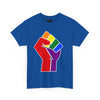 NerdyKeppie Raised Fist Cotton Rainbow Gay Pride Tee Shirt. A unisex cotton tee shirt with a Raised Fist design on it in rainbow pride colors. This gay pride tee shirt has a classic fit.
