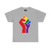 NerdyKeppie Raised Fist Cotton Rainbow Gay Pride Tee Shirt. A unisex cotton tee shirt with a Raised Fist design on it in rainbow pride colors. This gay pride tee shirt has a classic fit.