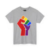 NerdyKeppie Raised Fist Cotton Rainbow Gay Pride Tee Shirt. A unisex cotton tee shirt with a Raised Fist design on it in rainbow pride colors. This gay pride tee shirt has a classic fit.