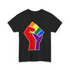 NerdyKeppie Raised Fist Cotton Rainbow Gay Pride Tee Shirt. A unisex cotton tee shirt with a Raised Fist design on it in rainbow pride colors. This gay pride tee shirt has a classic fit.