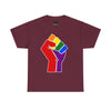 NerdyKeppie Raised Fist Cotton Rainbow Gay Pride Tee Shirt. A unisex cotton tee shirt with a Raised Fist design on it in rainbow pride colors. This gay pride tee shirt has a classic fit.