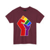 NerdyKeppie Raised Fist Cotton Rainbow Gay Pride Tee Shirt. A unisex cotton tee shirt with a Raised Fist design on it in rainbow pride colors. This gay pride tee shirt has a classic fit.
