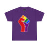 NerdyKeppie Raised Fist Cotton Rainbow Gay Pride Tee Shirt. A unisex cotton tee shirt with a Raised Fist design on it in rainbow pride colors. This gay pride tee shirt has a classic fit.