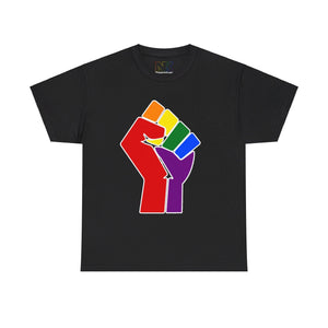 NerdyKeppie Raised Fist Cotton Rainbow Gay Pride Tee Shirt. A unisex cotton tee shirt with a Raised Fist design on it in rainbow pride colors. This gay pride tee shirt has a classic fit.