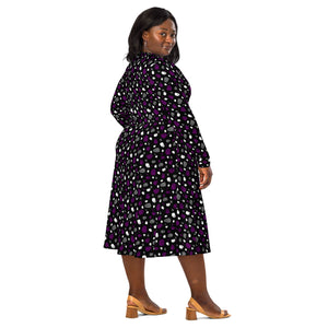 A person wearing a NerdyKeppie Raveyard Ghosts Ace Pride Long Sleeve Midi Dress With Pockets. 