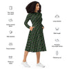 A person wearing a NerdyKeppie Raveyard Ghosts Aro Pride Long Sleeve Midi Dress With Pockets. 