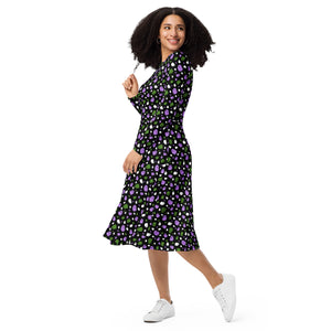 A person wearing a NerdyKeppie Raveyard Ghosts Genderqueer Pride Long Sleeve Midi Dress With Pockets. 