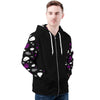 NerdyKeppie Raveyard Ghosts Lightweight Ace Pride Zip Up Hoodie. A black hooded ace pride flag sweatshirt with zipper and two front pockets. This asexual pride hoodie has a Raveyard Ghosts design on its sleeves and inside its hood!