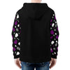NerdyKeppie Raveyard Ghosts Lightweight Ace Pride Zip Up Hoodie. A black hooded ace pride flag sweatshirt with zipper and two front pockets. This asexual pride hoodie has a Raveyard Ghosts design on its sleeves and inside its hood!