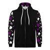 NerdyKeppie Raveyard Ghosts Lightweight Ace Pride Zip Up Hoodie. A black hooded ace pride flag sweatshirt with zipper and two front pockets. This asexual pride hoodie has a Raveyard Ghosts design on its sleeves and inside its hood!