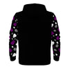 NerdyKeppie Raveyard Ghosts Lightweight Ace Pride Zip Up Hoodie. A black hooded ace pride flag sweatshirt with zipper and two front pockets. This asexual pride hoodie has a Raveyard Ghosts design on its sleeves and inside its hood!